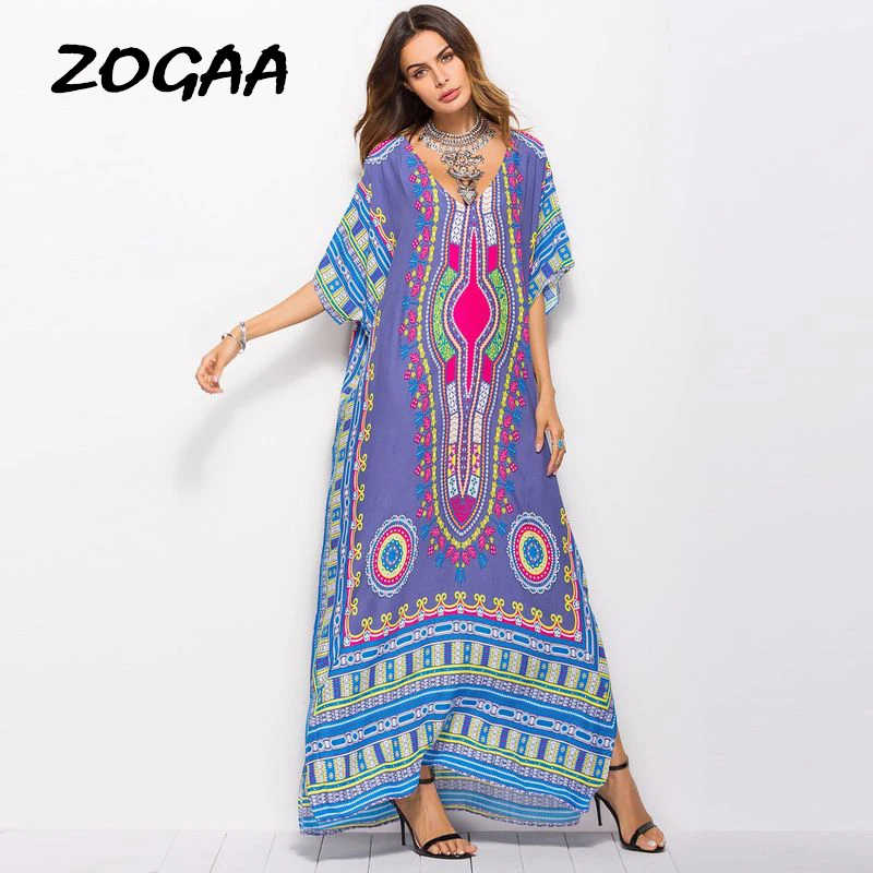 

2019 Hot Sell Summer Boho Long Dress for Women V Neck Batwing Sleeve Maxi Beach Holiday Sundress Ladies Geometric Print Vestidos