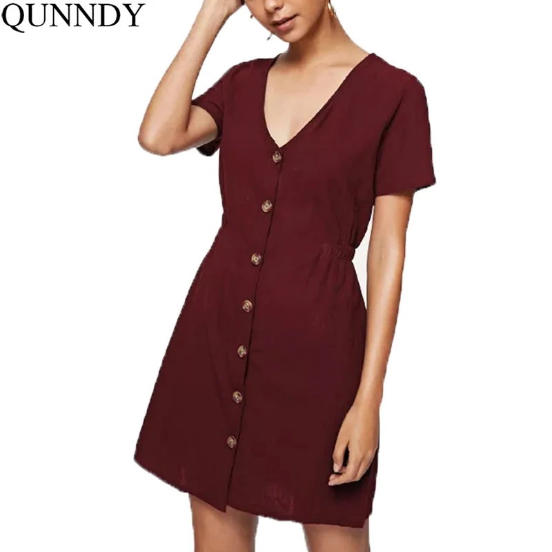 

Qunndy Women Dress Summer Boho Vestidos Princess Party Elegant Office Dresses Lady Short Sleeve Vintage Button Dress Sundress
