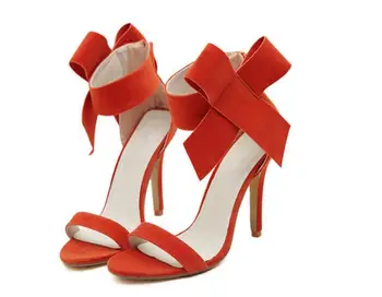 

Sexy high heel sandals with open toe butterfly-knot decoration high thin heels ladies green red black wedding and runway shoes