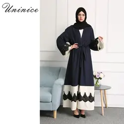 Мода мусульманское платье Исламская Для женщин Абаи кружева с длинным рукавом Кардиган Jubah длинный халат в стиле пэчворк черный турецкий