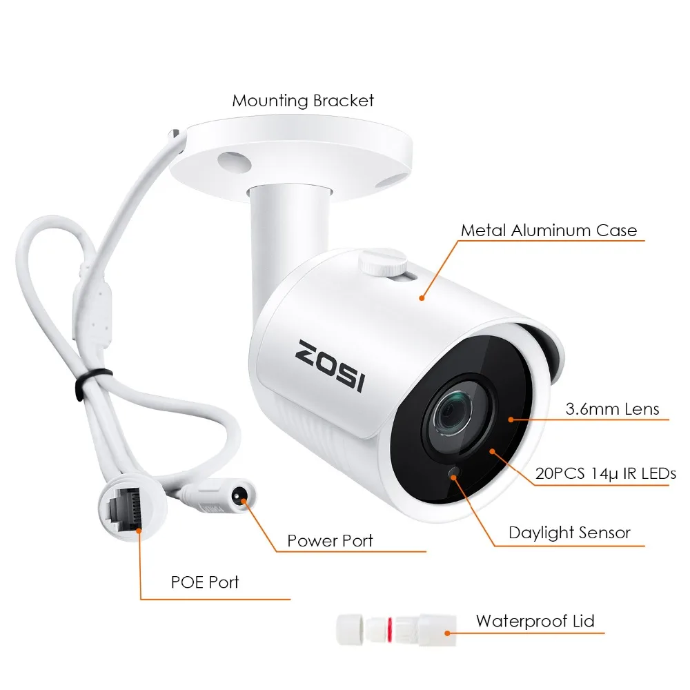ZOSI ip-камера PoE 2MP HD IP66, защищенная от атмосферных воздействий, для улицы, в помещении, инфракрасное ночное видение, для безопасности, видеонаблюдение, слот для карты SD