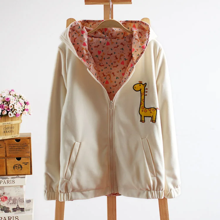 

Free Shipping 2 colors harajuku Retro sweet spring new Japanese Mori girl giraffe reversible Hooded Zip Jacket Women outwear