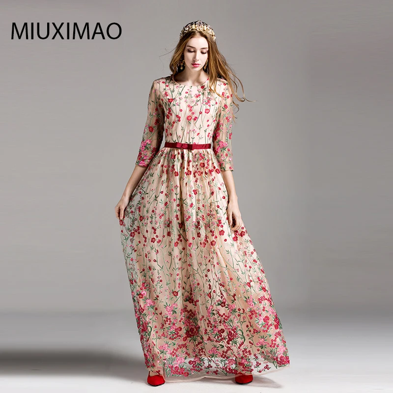 

MIUXIMAOHigh Quality New 2019 Autumn Runway Maxi Dress Women's 3/4 Sleeve Elegant Floral Flower Sequin Embroidery Long Dress