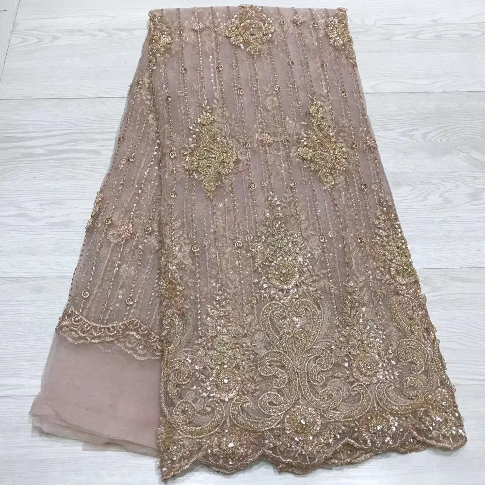 

Latest French Mesh Lace Fabric Hand Made Beaded Lace Fabric High Quality African Tulle Lace Fabric for Wedding dress NX195x