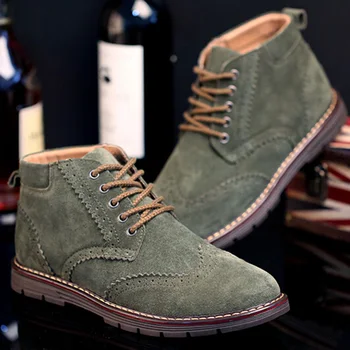 

Men Martin Boots Suede Genuine Leather Male Boots High Top Brockden Carved Tooling Shoes Plus Velvet