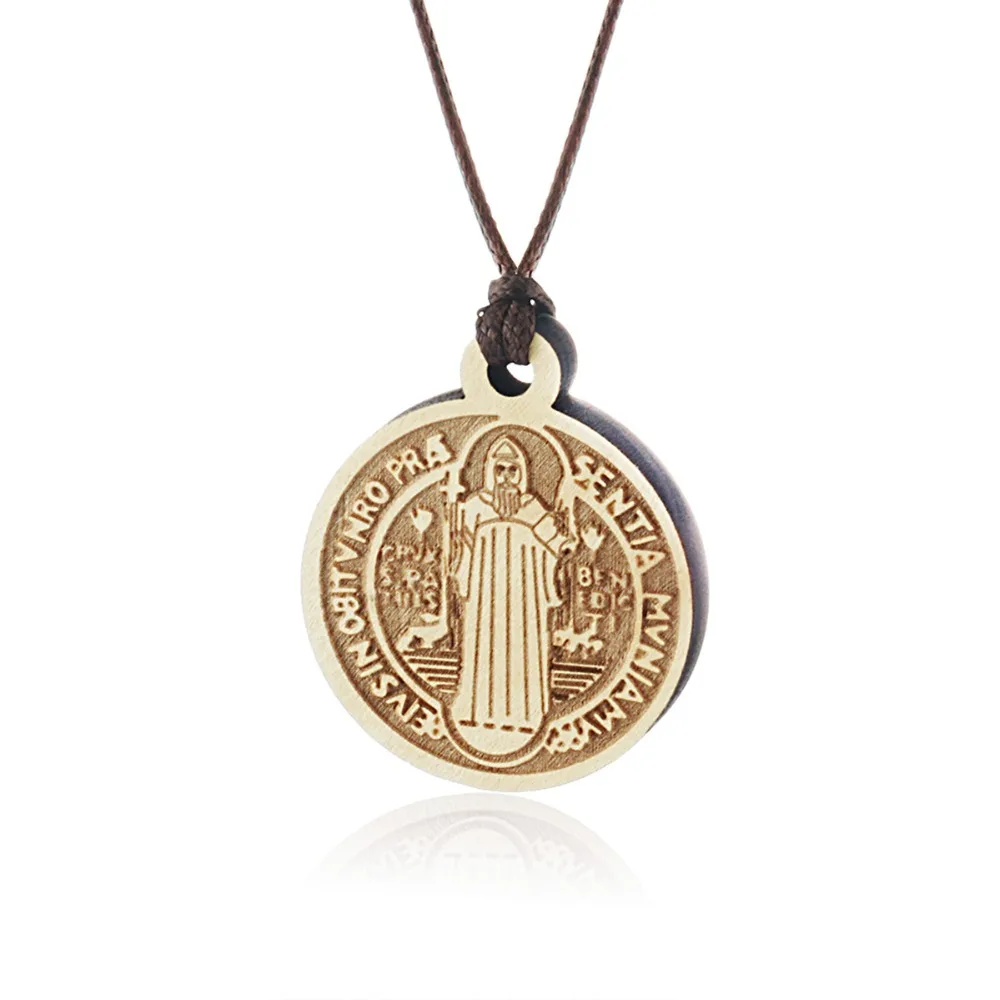 

Antique Round Wood Saint Benedict Medal Pendants Necklaces Natural Rope Chains for Women Men Religious CSPB Jewelry Gifts MN232