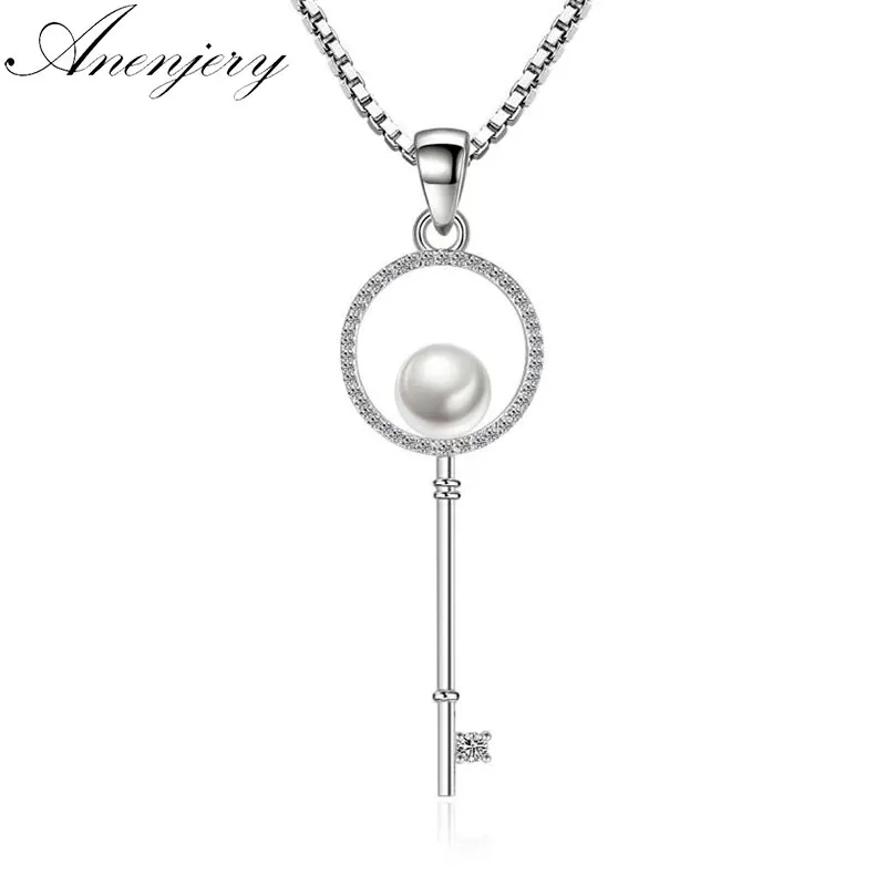 

Anenjery 925 Sterling Silver Jewelry Zirconia Pearl Key Pendants Necklaces For Women Gift 45cm Chain choker Chain collares S-N73