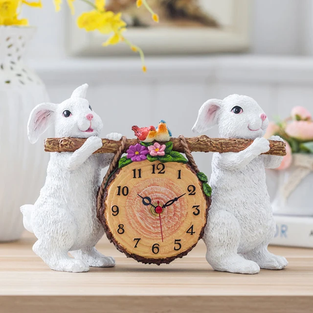 8 Inch Decorative Cute Two White Rabbits Holding a Birch Log Clock