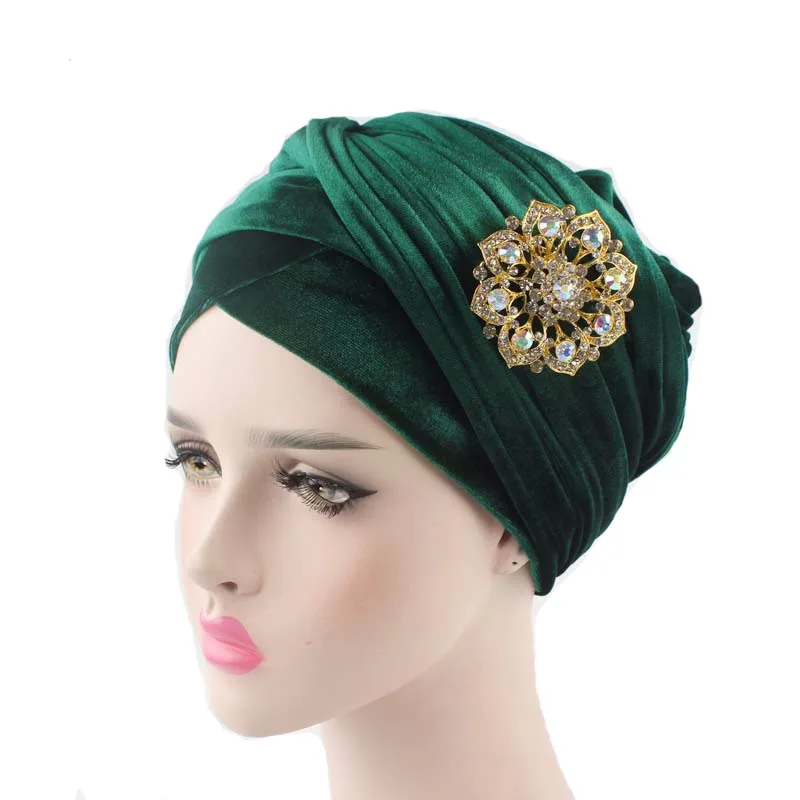 Женский роскошный бархатный тюрбан-хиджаб, удлиненная велюровая трубчатая повязка на голову, шарф, галстук, ювелирная брошь, мусульманские банданы - Цвет: Green