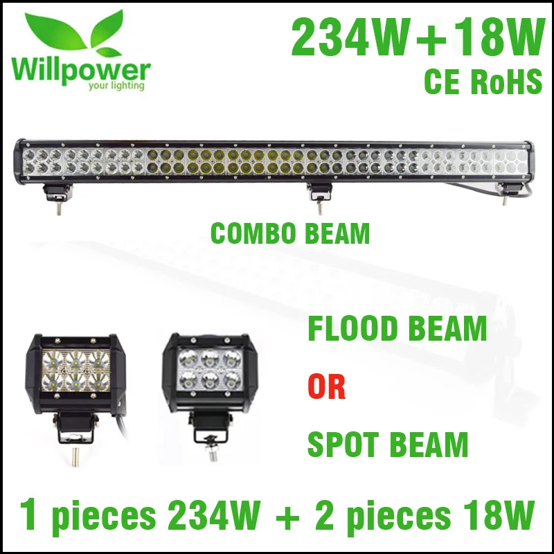 

willpower 234W double rows straight led light bar with 2 pieces 18w flood beam spot beam led work light