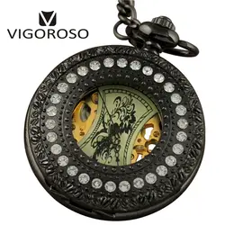 Vigoroso половина охотник черный сплав бриллиантами Дело Механические карманные часы кулон Винтаж римскими цифрами Часы с костями новые