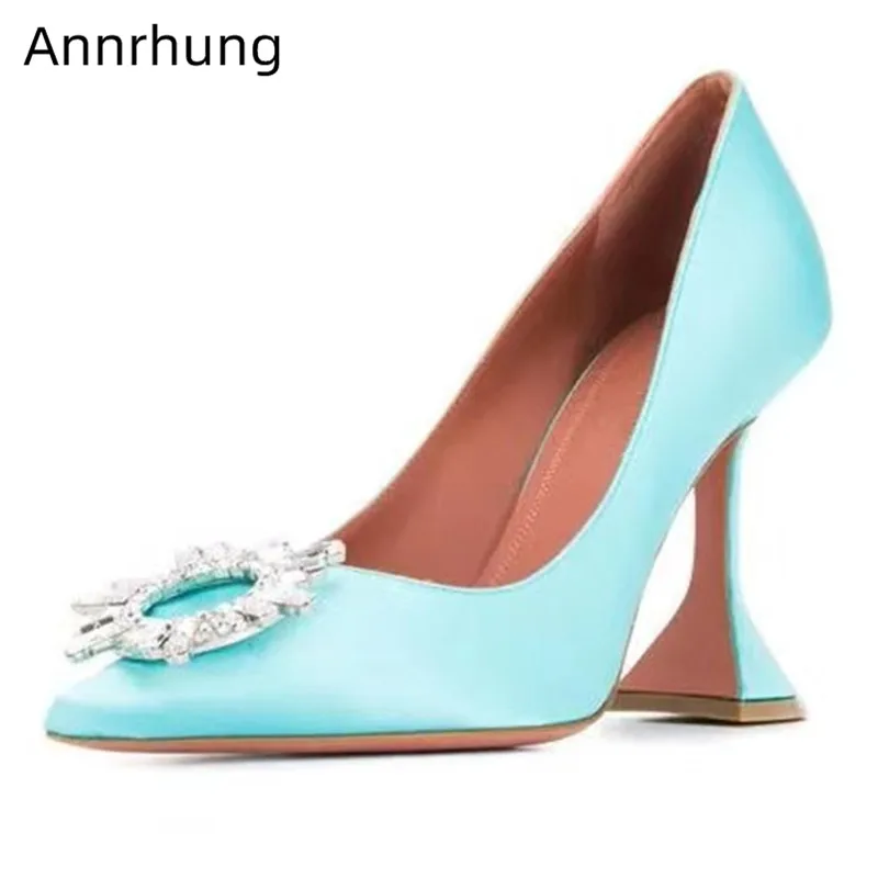 

Crystal Flower Pumps Cup Heel Satin Shoes Women Pointy Toe High Heels Slip On Party Mules Rhinestone Shallow Shoes Zapatos Mujer
