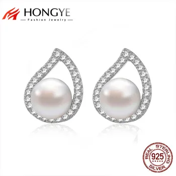 

HONGYE Lady Gorgeous Brincos 925 Sterling Silver Jewelry Crystal Freshwater Pearls Waterdrop Stud Earrings For Women Luxury