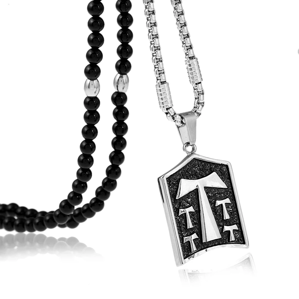 

Men Stainless Steel Franciscan T Crucifix Pendant Necklaces with Black Natural Stone Chain Necklace 26