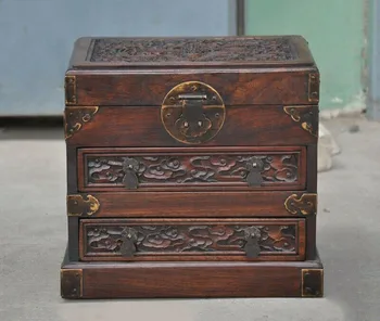 

wedding decoration 10"China Huanghuali Wood Carved Dragon Storage Jewelry Box Treasure Case Statue