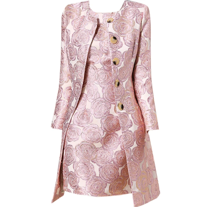 Новая мода женский роскошный цветочный жаккардовый вышивка Длинная ветровка однобортный Тренч пальто+ платье комплект из двух предметов