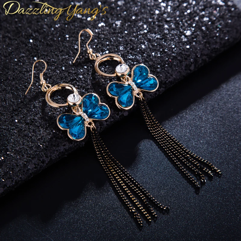 DAZZLING YANG'S Brand Elegant Women Butterfly Crystal Earrings Long Tassel Tibetan Gold color Dangle for Girls Gifts | Украшения и
