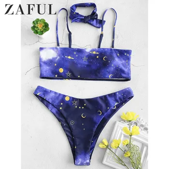 

ZAFUL Starry Print Bandeau Bikini High Leg Bikini with Choker Spaghetti Strap Swimwear Women High Cut Swimsuit Biquini SET 4725