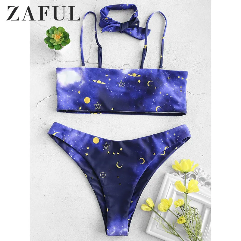  ZAFUL Starry Print Bandeau Bikini High Leg Bikini with Choker Spaghetti Strap Swimwear Women High C