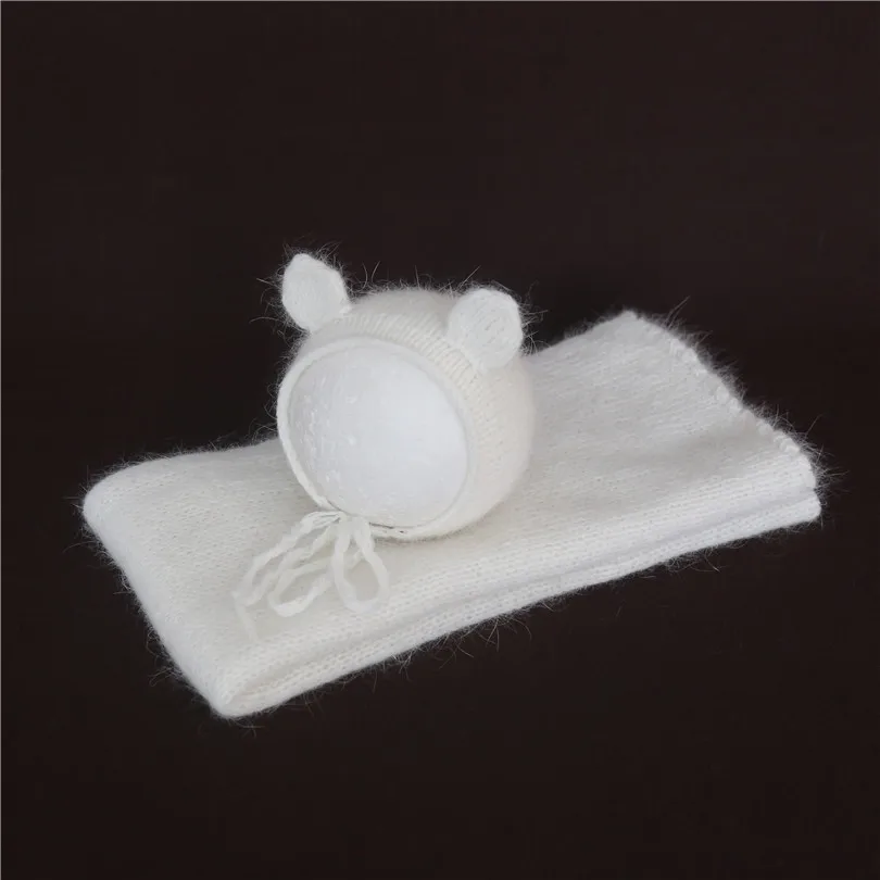 Brown Newborn Boy Angora Hat Wrap Set Bear Angora Bonnet Newborn Photography Props Knitted Teddy Bear Fluffy Baby Stretch Wrap 5