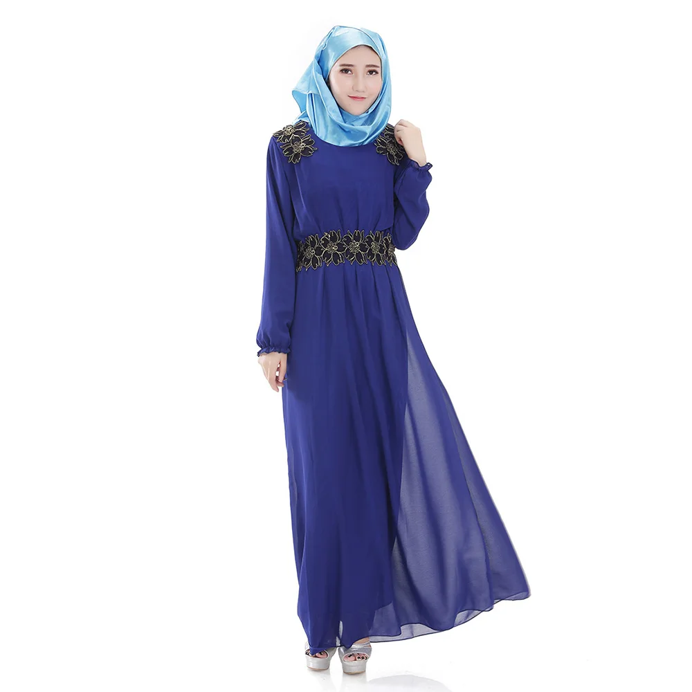 Malaysia Elegant Chiffon Muslim Appliques Maxi Dress Turkish Islamic
