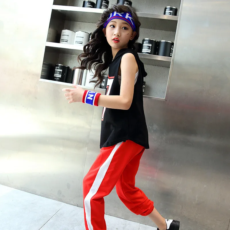 Girls Black long Hoodie Top Sleeveless Red Jogger Pants Jazz Hip Hop Dance Clothes For Kids Teen Girls Summer Sport Suits (5)
