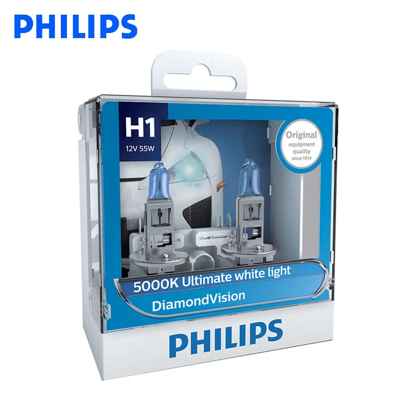 

Philips H1 H4 H7 H8 HB3 HB4 9003 9005 9006 12V Diamond Vision 5000K Car Halogen Headlight Fog Lamp Super Xenon White Light, Pair