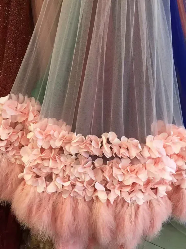 10 ярдов 3D гофрированная ткань для костюма, светло-голубая Свадебная кружевная ткань для платья от кутюр с 3D цветами и перьями