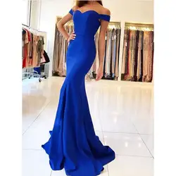 Королевский синий атласное с юбкой-русалкой платье для выпускного вечера Длинные с плеча плюс Размеры женские вечерние платья Скромные