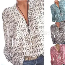 Женская блузка Летняя женская блузка с v-образным вырезом и длинным рукавом Свободная рубашка большого размера блузки с квадратным принтом S-5XL