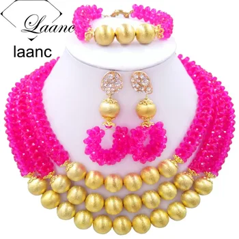 

Brand Laanc Indian Bridal Nigerian Wedding African Beads Jewelry Sets Crystal Fuchsia Pink Gold Ball Dubai Set Necklace AL211
