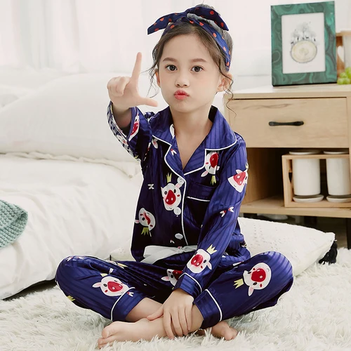 Летний детский пижамный комплект, топ с длинными рукавами и рисунком+ штаны, костюм, шелковая повседневная домашняя одежда для девочек, мягкий детский пижамный комплект, одежда для отдыха - Цвет: XT M-9801 lanzhutou