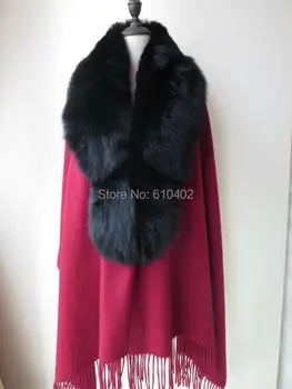 

Elegant/100% Real Wool 100% Real best Black Fox Fur cape /Scarf /cloak /Coat//Wraps/Shawl/purplish red
