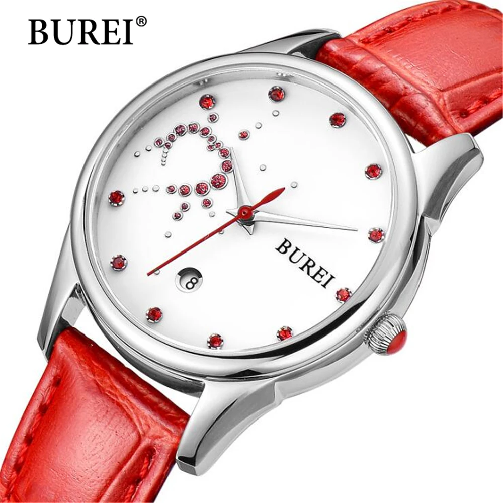 

2017 BUREI Women Watches Top New Fashion Brand Sapphire Lens Female Clock Pu Leather Strap Waterproof Silver Steel Watch Special