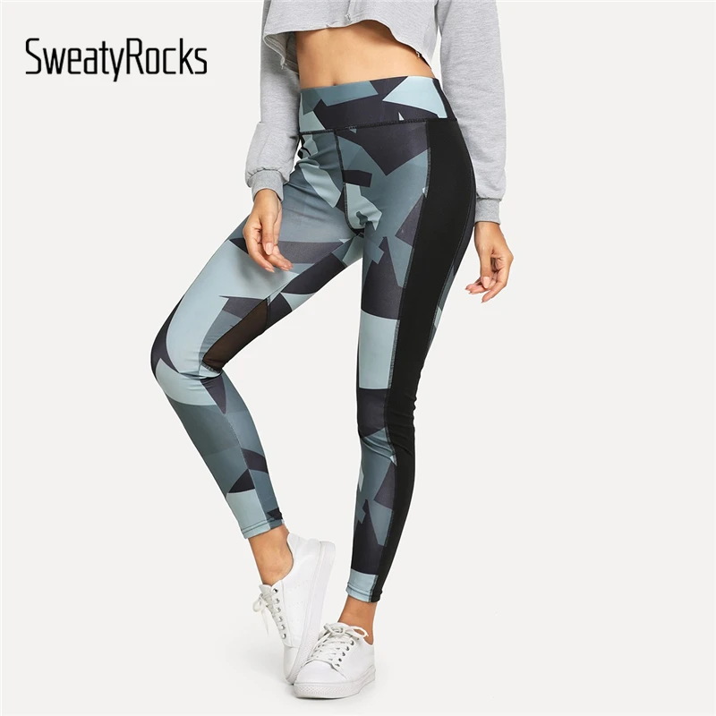 

SweatyRocks Geometric Elastic Waist Leggings Fitness Female Multicolor Activewear 2019 Women High Waist Workout Leggings