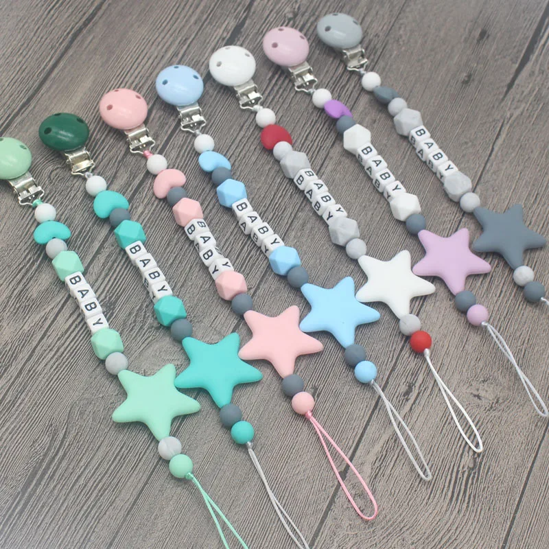 Online Xcqgh Personalized Nama Buatan Tangan Dot Klip Pemegang Rantai Silicone Pacifier Rantai Bintang Lima Baby Teether Tumbuh Gigi Rantai