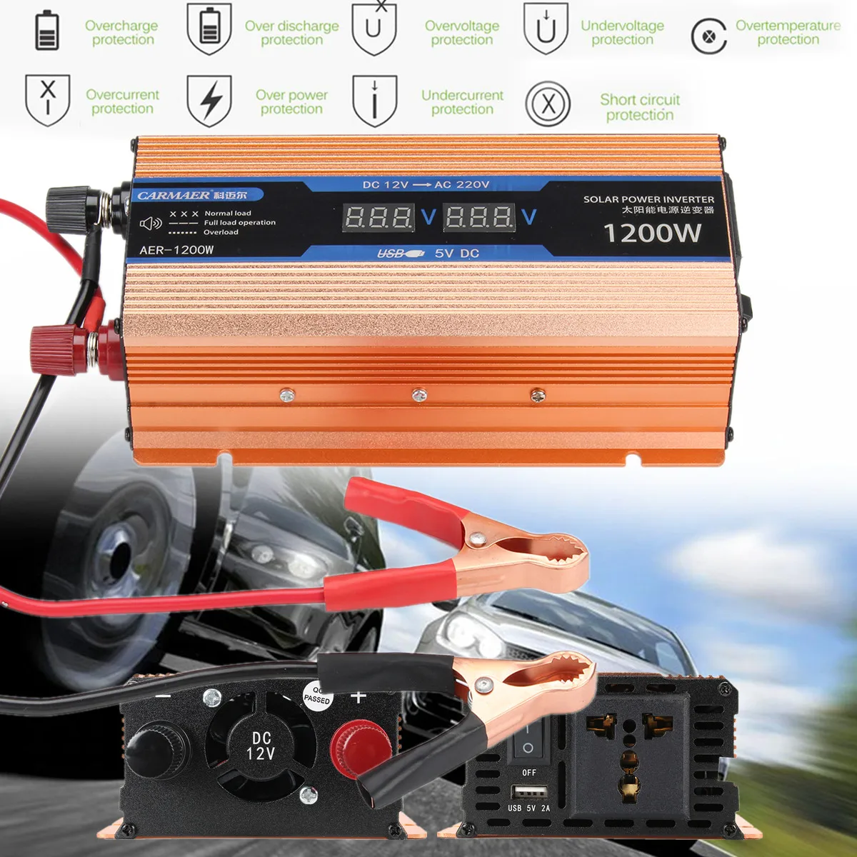 

Pea k 2200W Solar Power Inverter Car Sine Wave Converter Double LCD Smart Mute Fan DC 12V To AC 220V Voltage Transformer Gold