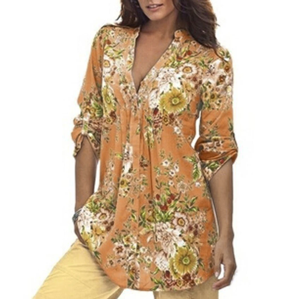 Más tamaño s-3xl mujeres vintage impresión floral v-cuello túnica Tops manera de las mujeres del Otoño 2017 Blusas mujeres ropa mujer
