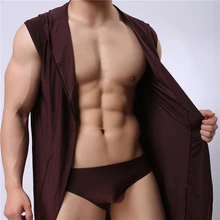 Нам Для мужчин мизинец Senson без рукавов Халаты AC Дизайн Sexy Man гей завязки шелк льда Никаких следов халат пижамы человек Брюки для девочек любителей сладкого