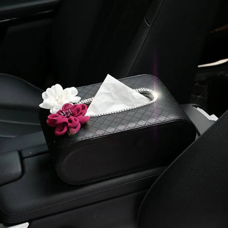 

Leather Car Tissue Box Holder Flower Crystal Paper Tower Storage Box Block Type in Amrest Car Interior Accessories For Girls