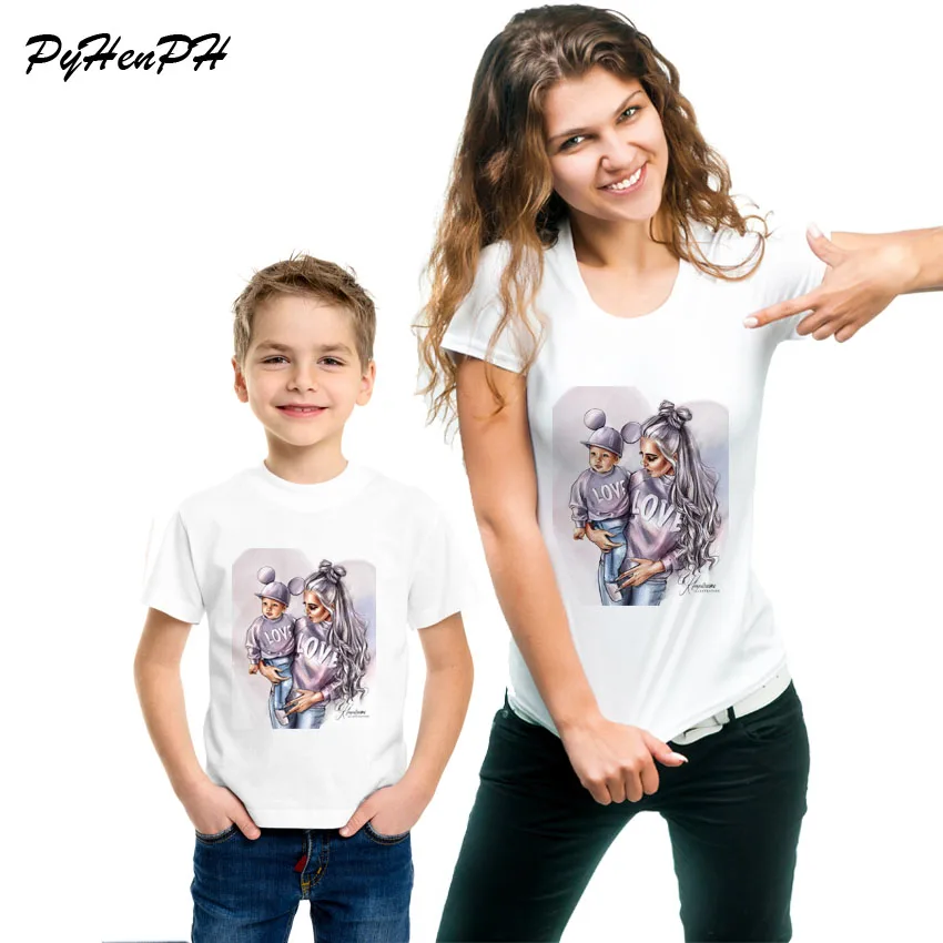 Модная брендовая летняя стильная футболка для мамы и сына в стиле Харадзюку одежда для родителей и детей милая семейная футболка с короткими рукавами и принтом «любовь»