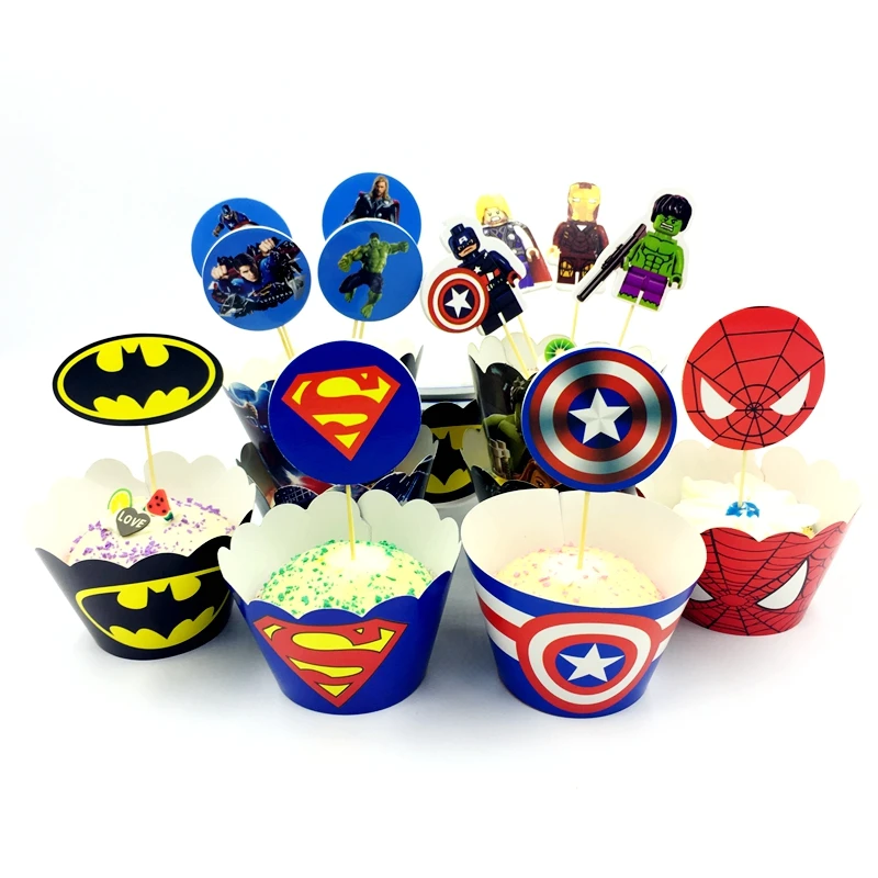 PACK OF 12 SUPERHERO AVENGERS CUPCAKE WRAPPERS & TOPPERS BIRTHDAY PARTY SUPPIES