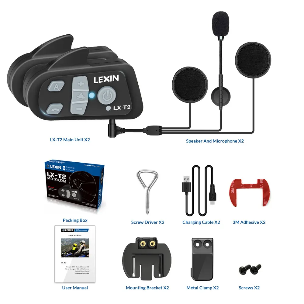 Оригинальный bluetooth интерком Lexin T2 для мотоциклетного шлема 2 шт. с шумоподавлением