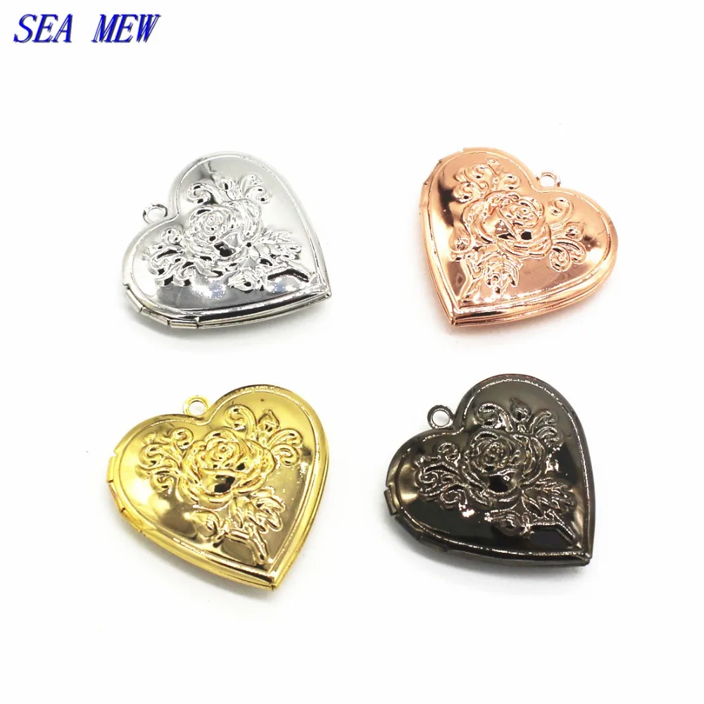 

SEA MEW 29mm Locket 6 Colors Plated Metal Copper Heart Shape Flowers Carved Photo Locket Pendant Charm For Jewelry Making