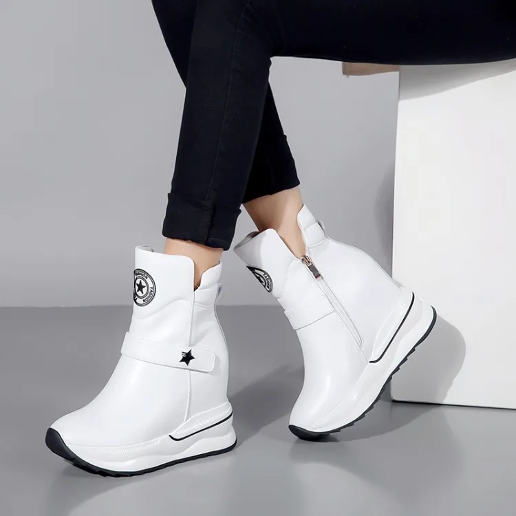 Модная обувь, увеличивающая рост; женские ботильоны на высоком каблуке; осенне-зимние ботинки; женская обувь на танкетке из коровьей кожи; размеры 32-40 - Цвет: Белый