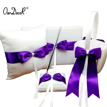 

4Pcs/set Satin Purple Ribbon Bowknot Wedding Ring Pillow and Flower Basket Guest Book and Pen Set Wedding Ceremony Accessories