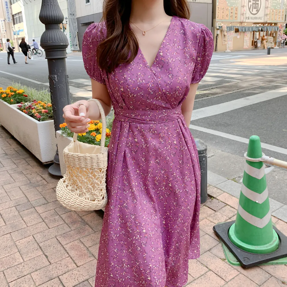 

belt Plus size Summer Dress Girls Boho Party Female Vintage Dress purple Print lace up Short Sleeve Women Dresses Robe Vestido