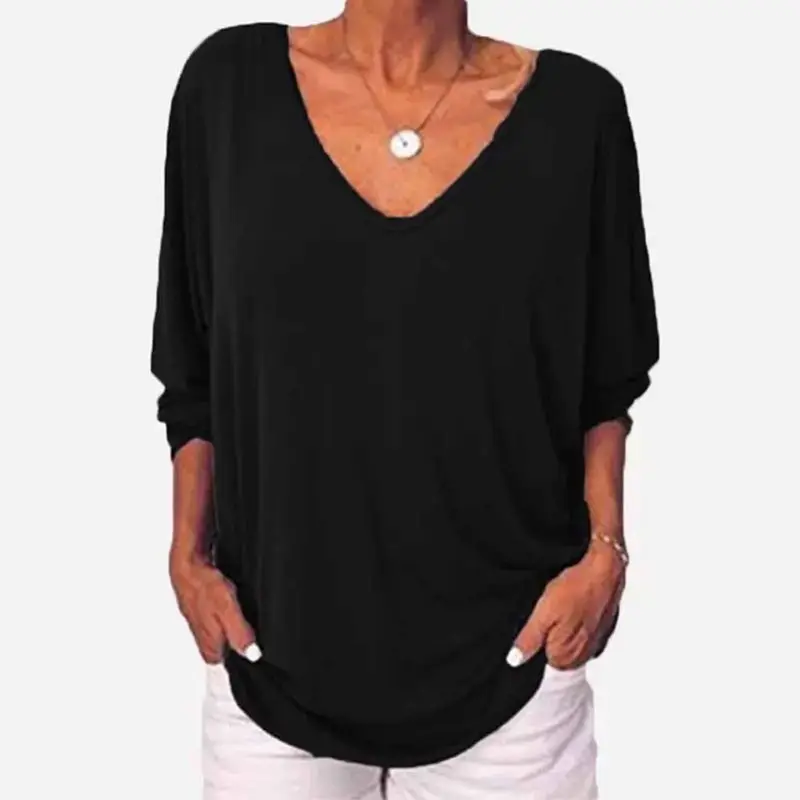 Женская Повседневная блуза с рукавом летучая мышь, свободная Однотонная футболка с длинным рукавом, женская футболка, сексуальные свободные топы с v-образным вырезом на спине и пуговицами, S-5XL - Цвет: Черный