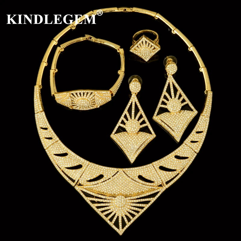 

Kindlegem 2018 Hot Luxury Sparkling Full Rhinestone Zircon Necklace Earrings Bracelet Ring For Women African Habesha Jewelry Set
