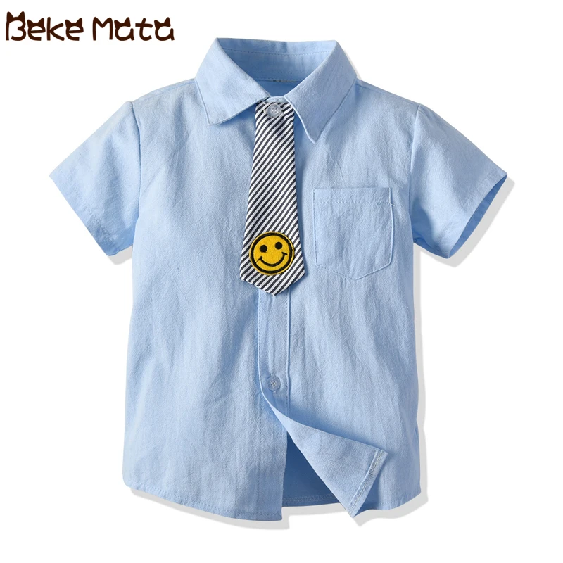 

School Boys Shirts Short Sleeve 2019 Summer Kids Shirt For Boys Face Tie Causal Turn-down Collar Gentleman Children Tops Clothes